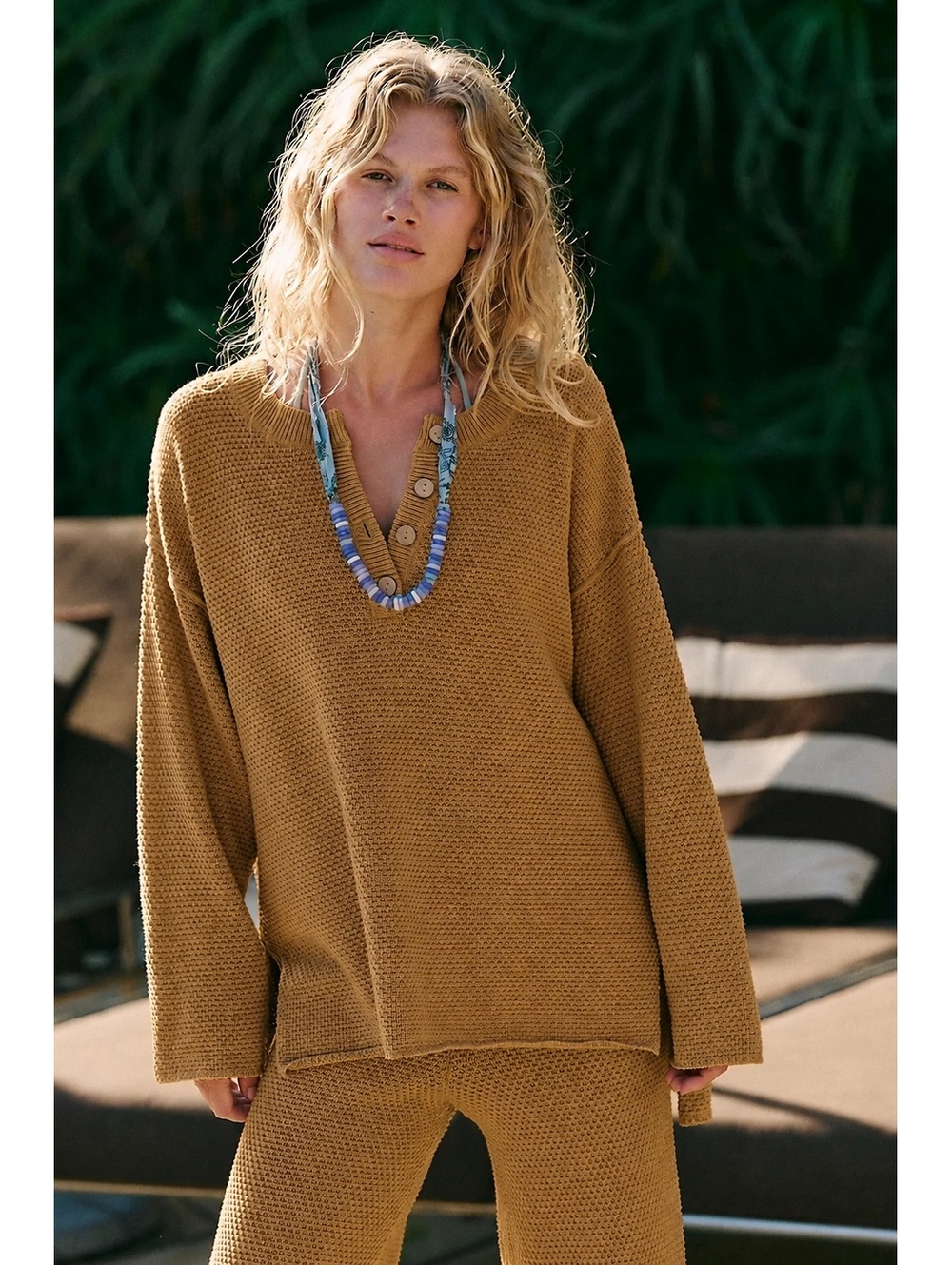 Free People Free-est Waffle Knit Henley Top Camel Brown Size Small Oversized